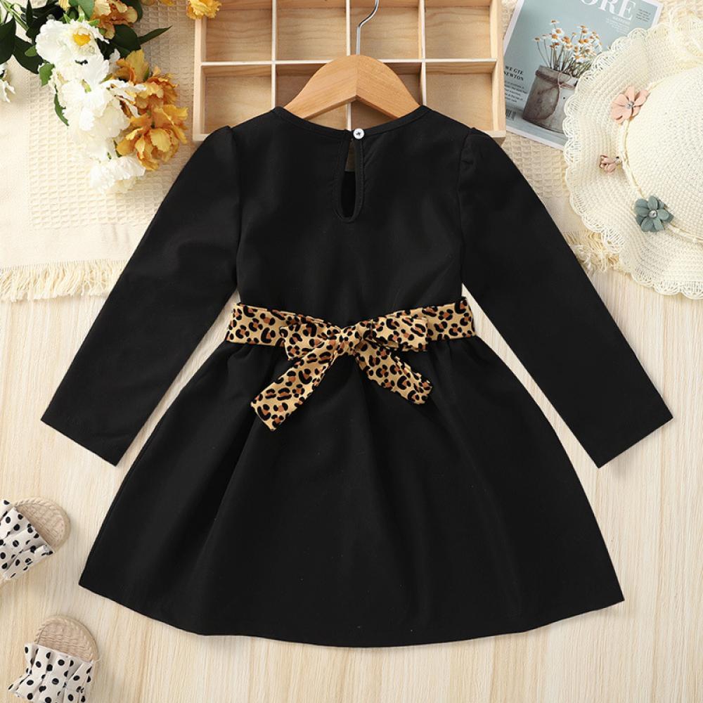 Black Long Sleeve Leopard Print Belt Girls Dress Wholesale