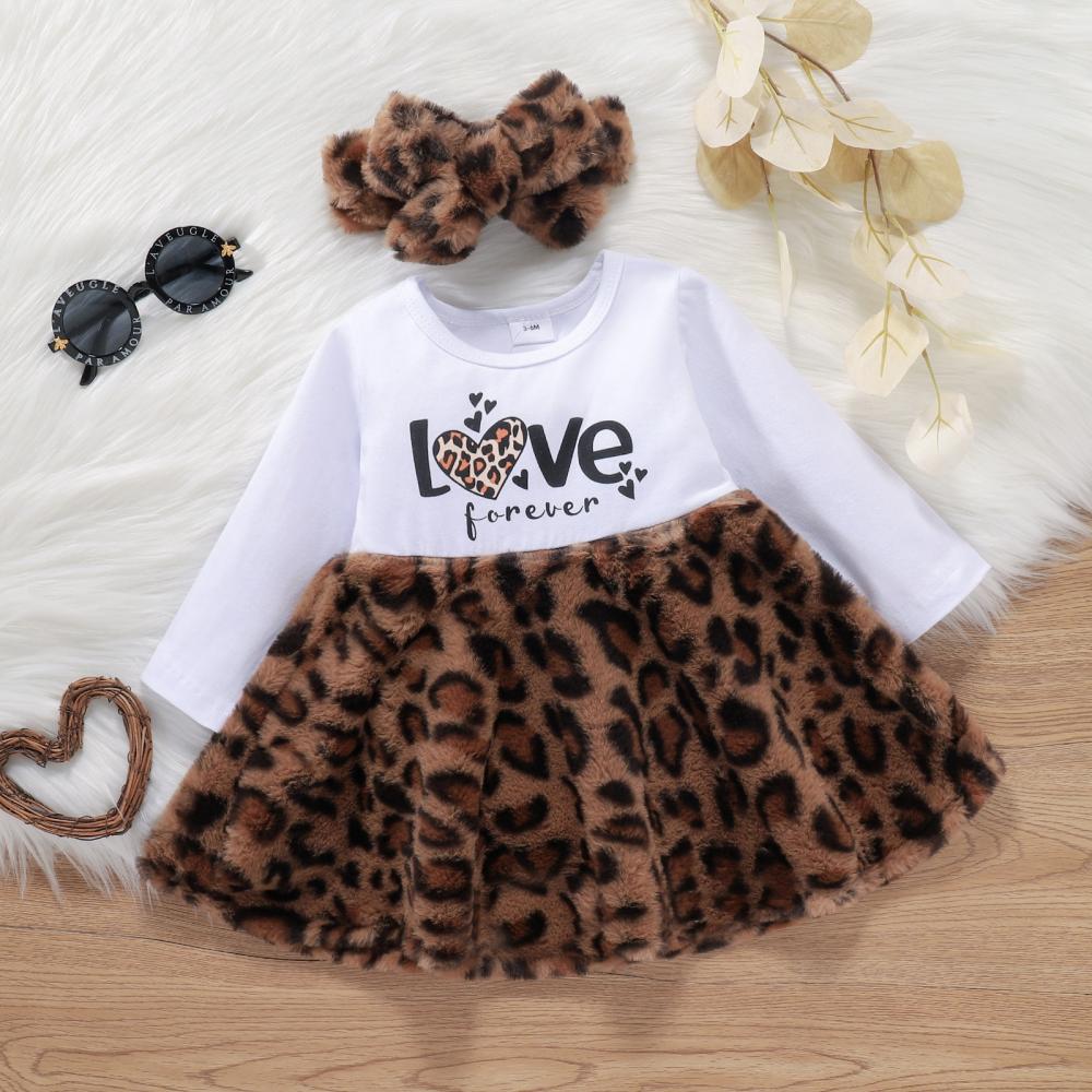 Autumn and Winter Baby Girl Letter Stitching Leopard Print Dress Coat Three-piece Set Wholesale Girls Clothes
