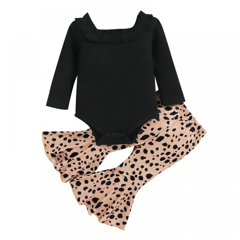 Autumn Baby Girls Romper + Leopard Flared Pants Set Wholesale Baby Girls Clothes