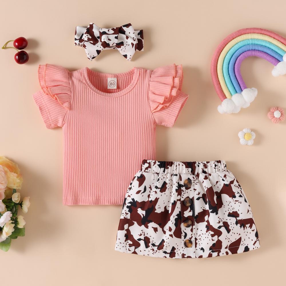 Baby and Toddler Girls 3pcs Set Summer Ruffle Sleeve Top and Cow Printed Leopard Skirt and Headband Wholesale Girls Clothing
