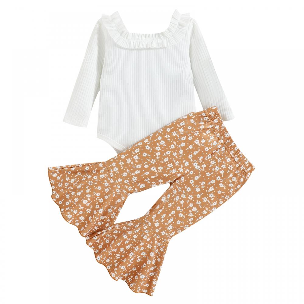 Autumn Baby Girls Romper + Leopard Flared Pants Set Wholesale Baby Girls Clothes