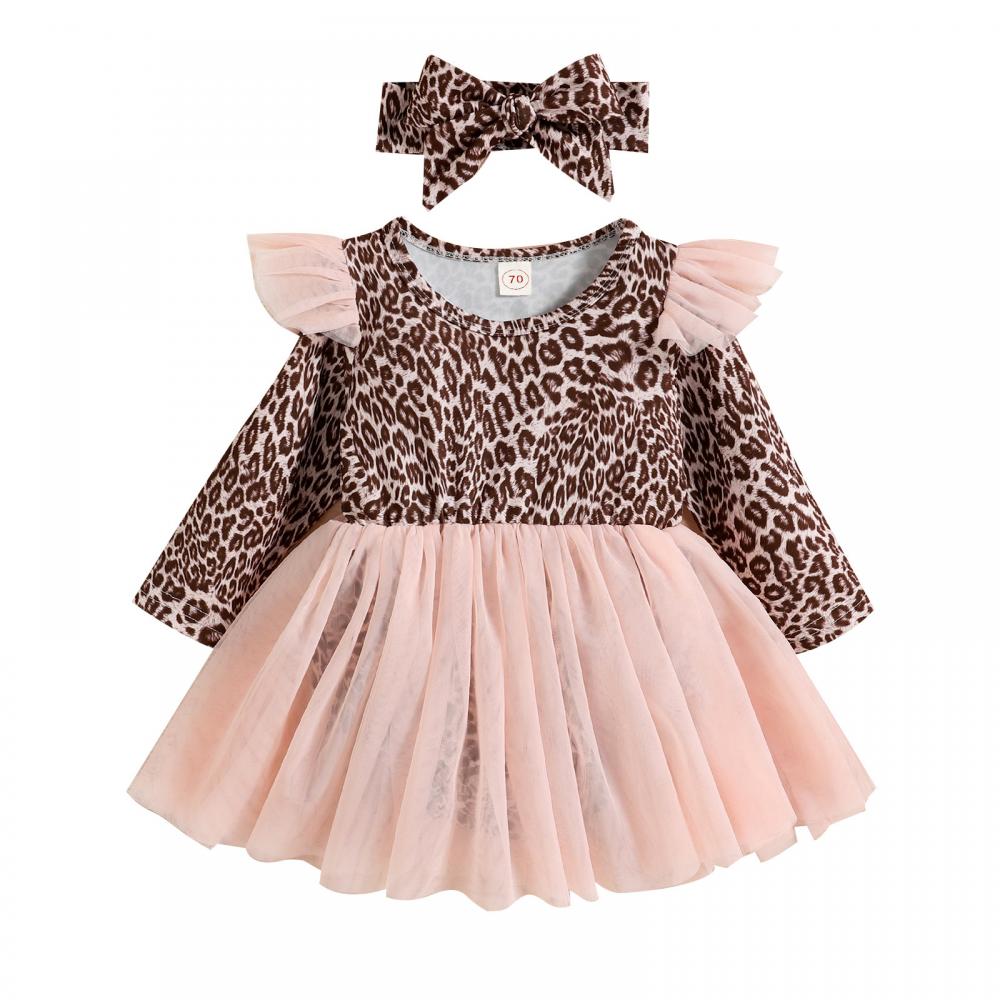 Baby Triangle Romper Autumn and Winter Girls Long Sleeve Leopard Print Mesh Skirt Baby Clothes Wholesale