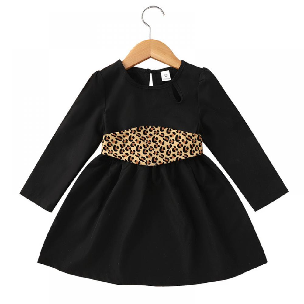 Black Long Sleeve Leopard Print Belt Girls Dress Wholesale