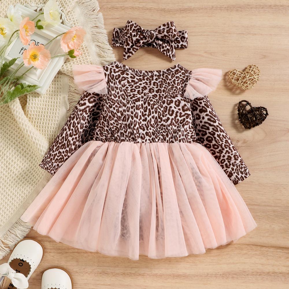 Baby Triangle Romper Autumn and Winter Girls Long Sleeve Leopard Print Mesh Skirt Baby Clothes Wholesale