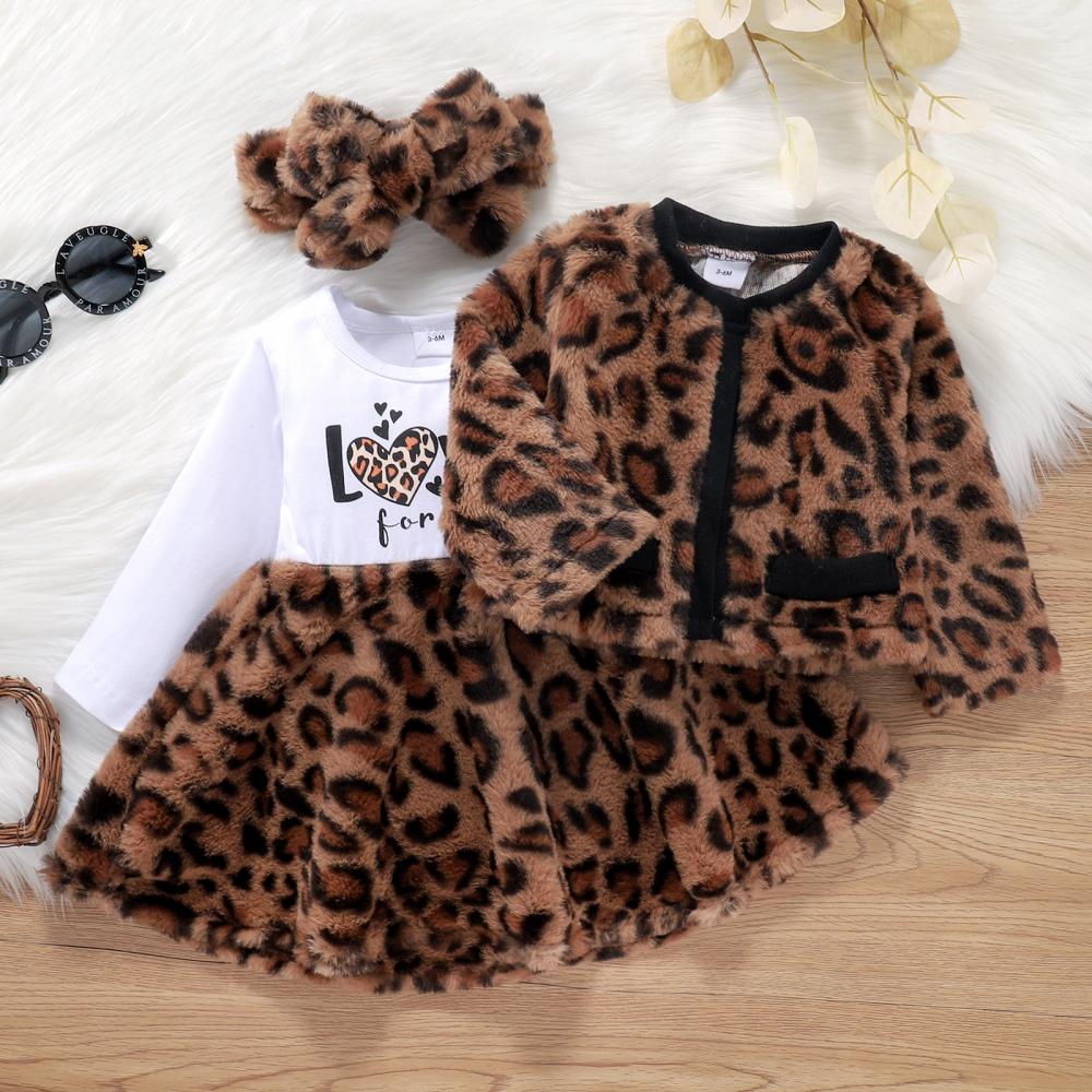 Autumn and Winter Baby Girl Letter Stitching Leopard Print Dress Coat Three-piece Set Wholesale Girls Clothes