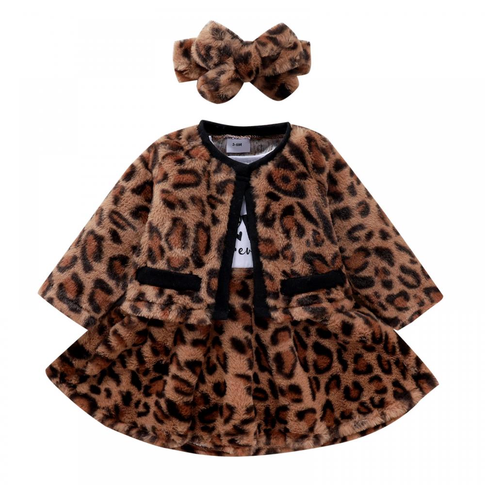 Autumn and Winter Baby Girl Letter Stitching Leopard Print Dress Coat Three-piece Set Wholesale Girls Clothes