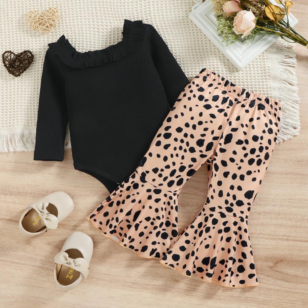 Autumn Baby Girls Romper + Leopard Flared Pants Set Wholesale Baby Girls Clothes