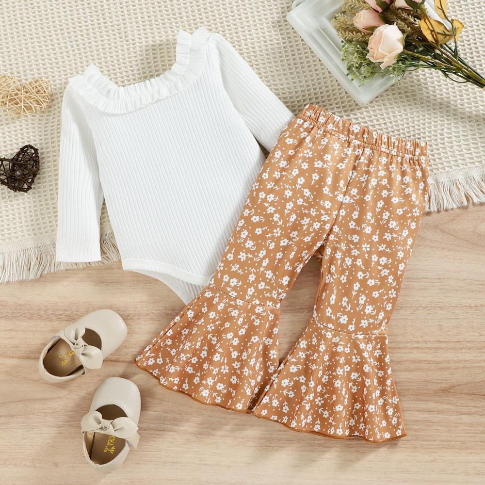 Autumn Baby Girls Romper + Leopard Flared Pants Set Wholesale Baby Girls Clothes