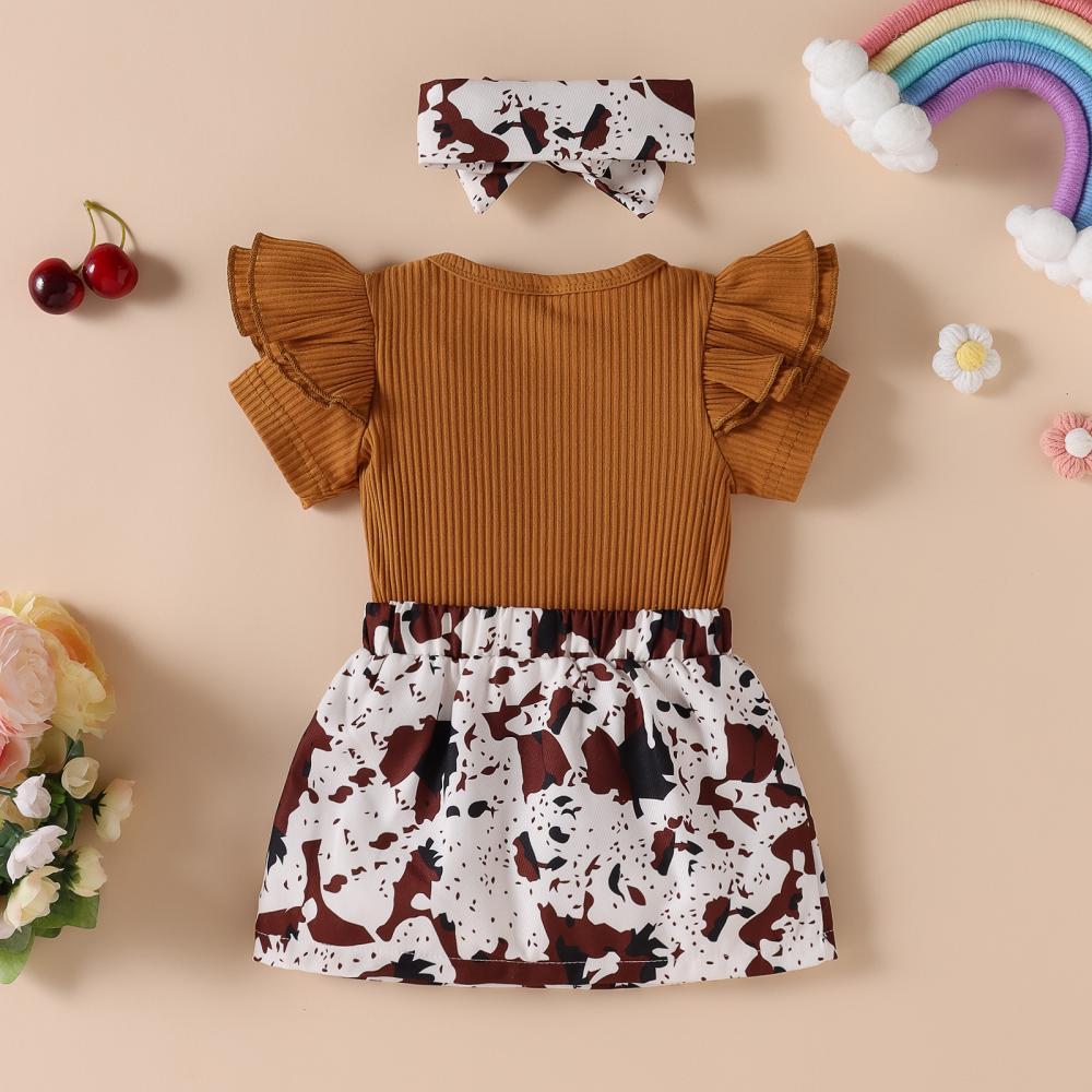 Baby and Toddler Girls 3pcs Set Summer Ruffle Sleeve Top and Cow Printed Leopard Skirt and Headband Wholesale Girls Clothing
